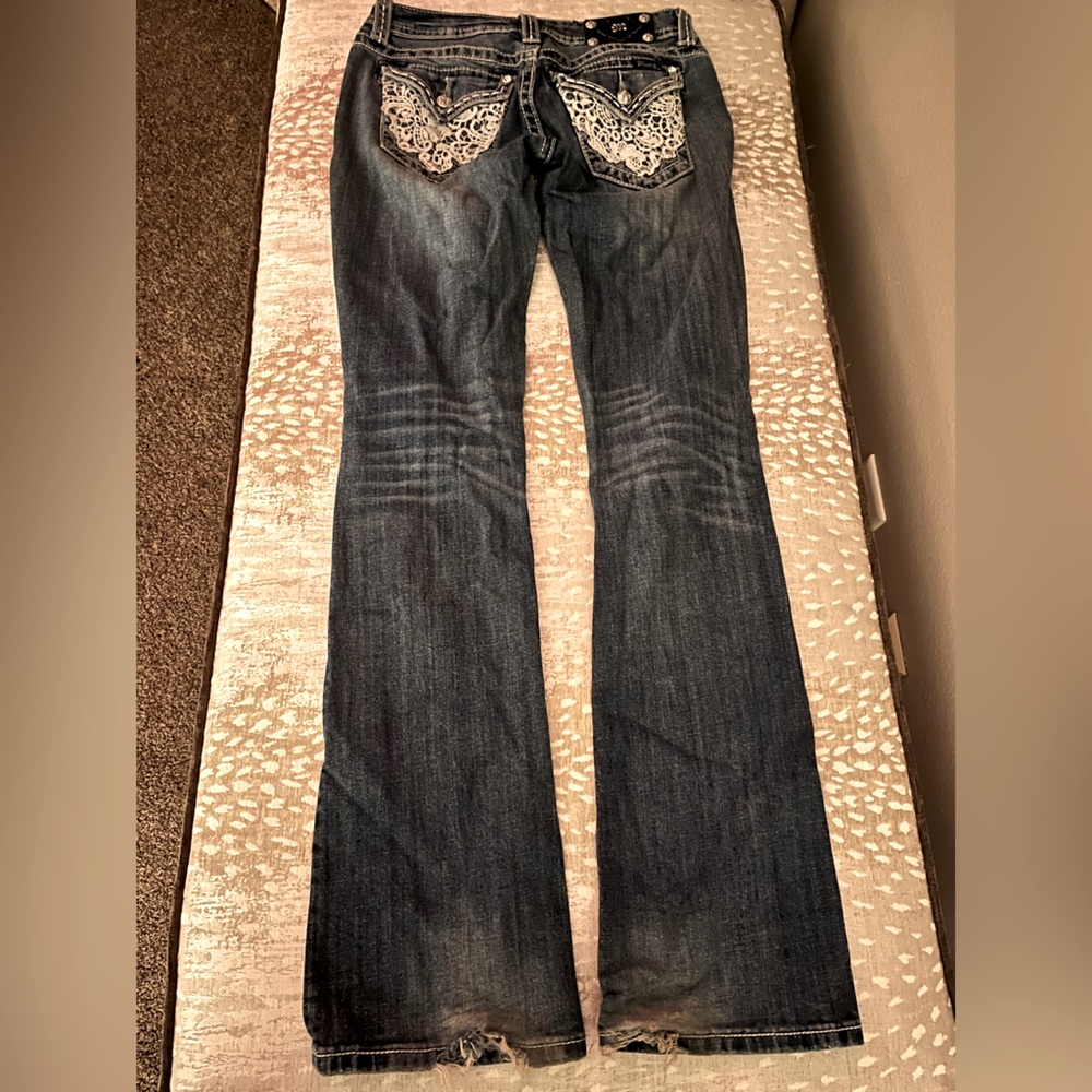 Miss Me Boot Cut Lace Jeans with Embellished Pockets Lace Bling Low Rise